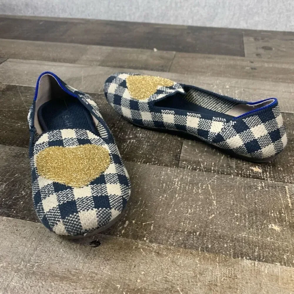 Rothy’s Big Girls Size 3 Gingham Loafers Gold Glitter Heart Plaid Ballet Flats